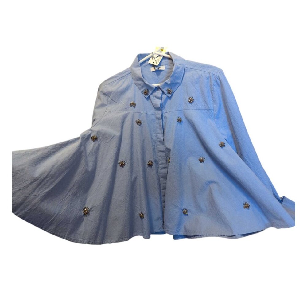 NWT Kenzie Chambray Denim Shirt Rhinestone Ft Bling Clusters Full Swing Style